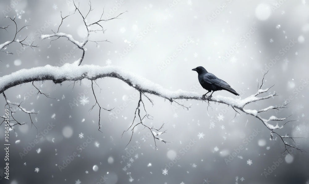 Fototapeta premium A black bird is sitting on a branch covered in snow