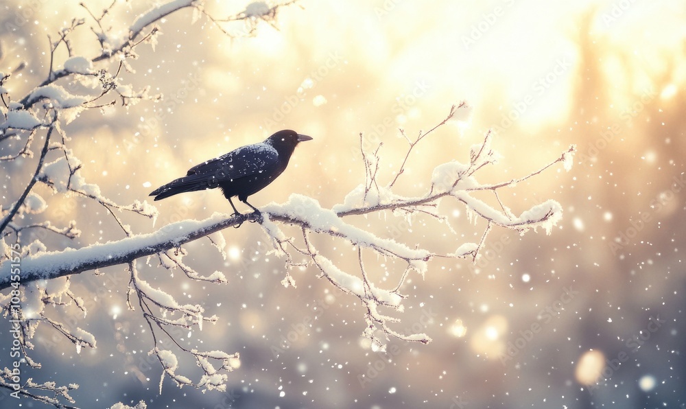 Fototapeta premium A black bird is sitting on a branch covered in snow