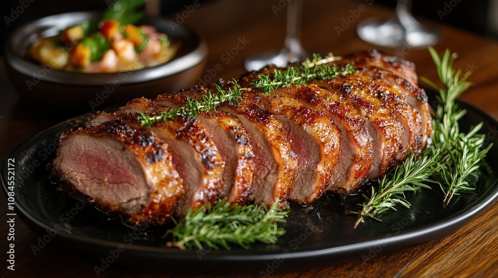 Platter of sliced roast pork loin with crispy outer layer Platter of sliced roast pork loin with crispy outer layer