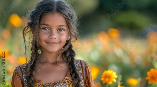 A young girl with long brown hair, braided, smiling, in a field of yellow flowers. photo