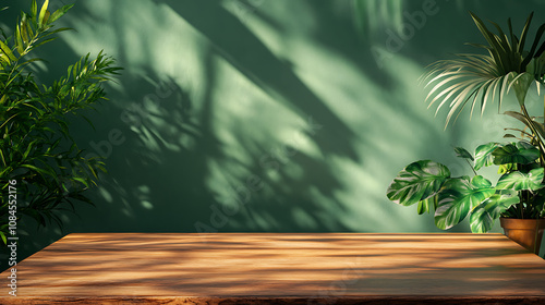 A wooden table set against a green wall, enhanced by sunlight filtering through a window creating leaf shadows, with a blurred foreground of indoor green plants