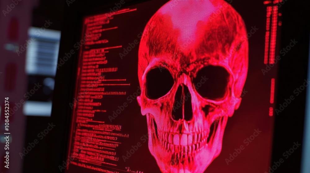 A digital representation of a skull with red coding, suggesting a tech or cyber theme. A digital representation of a skull with red coding, suggesting a tech or cyber theme.