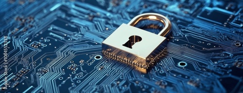 A golden padlock resting on a circuit board glowing with blue and orange ligh...