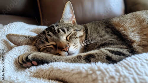 A cozy tabby cat peacefully napping on a soft blanket in a warm living room s...