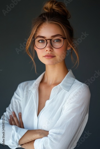 Young woman with glasses posing confidently in a casual white shirt against a...