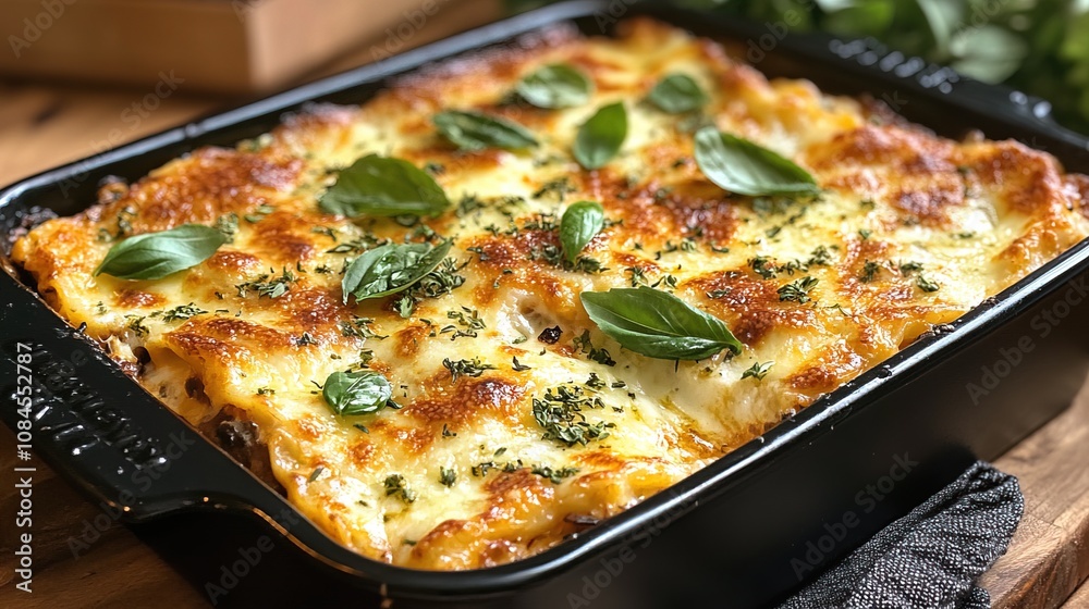 Freshly baked lasagna in a black baking dish with melted cheese and herbs on top Freshly baked lasagna in a black baking dish with melted cheese and herbs on top