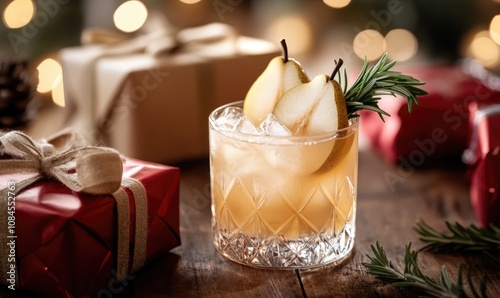 A glass of pear juice with a garnish of fresh herbs