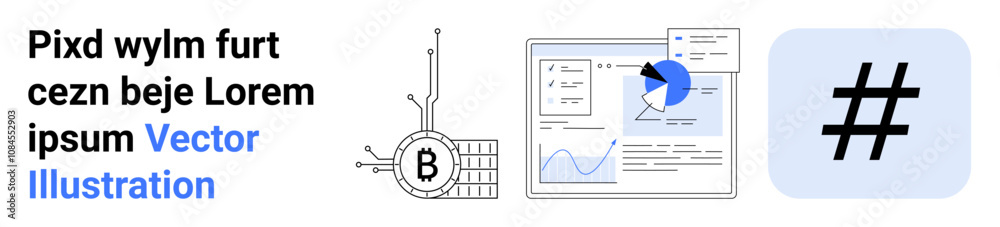 Obraz premium Bitcoin chip, data dashboard with charts and pie graph, metadata tag symbol. Ideal for cryptocurrency, technology, finance, data analysis, marketing, web development, social media, Landing page