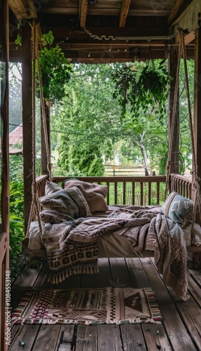 Cozy Rustic Porch with Wooden Swing and Lush Garden View for Relaxation and Comfort photo