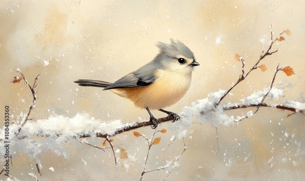 Obraz premium A small bird is perched on a branch covered in snow