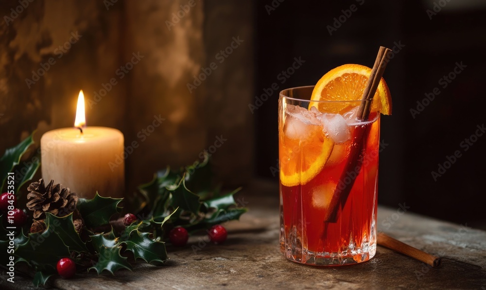 A glass of red drink with a cinnamon stick in it A glass of red drink with a cinnamon stick in it