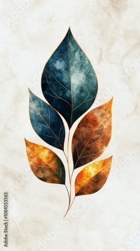 Colorful abstract leaves design with blue, green, and orange tones on a textu...