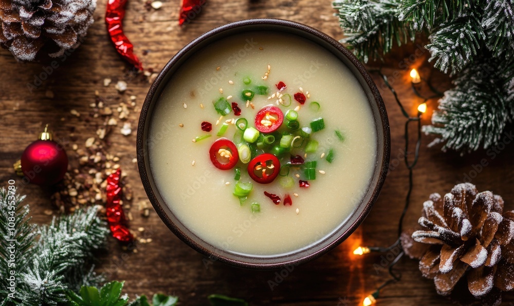 A bowl of soup with red peppers and green onions on top A bowl of soup with red peppers and green onions on top