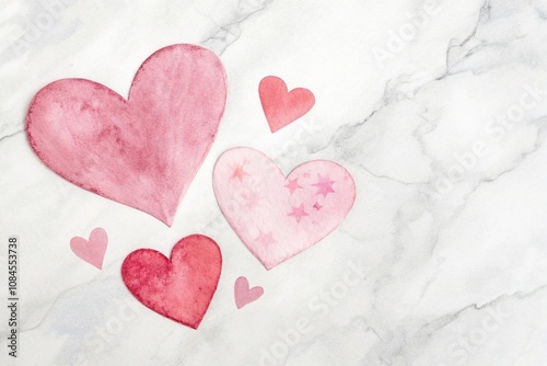 Soft watercolor hearts on white background with subtle texture, heart, peaceful atmosphere
