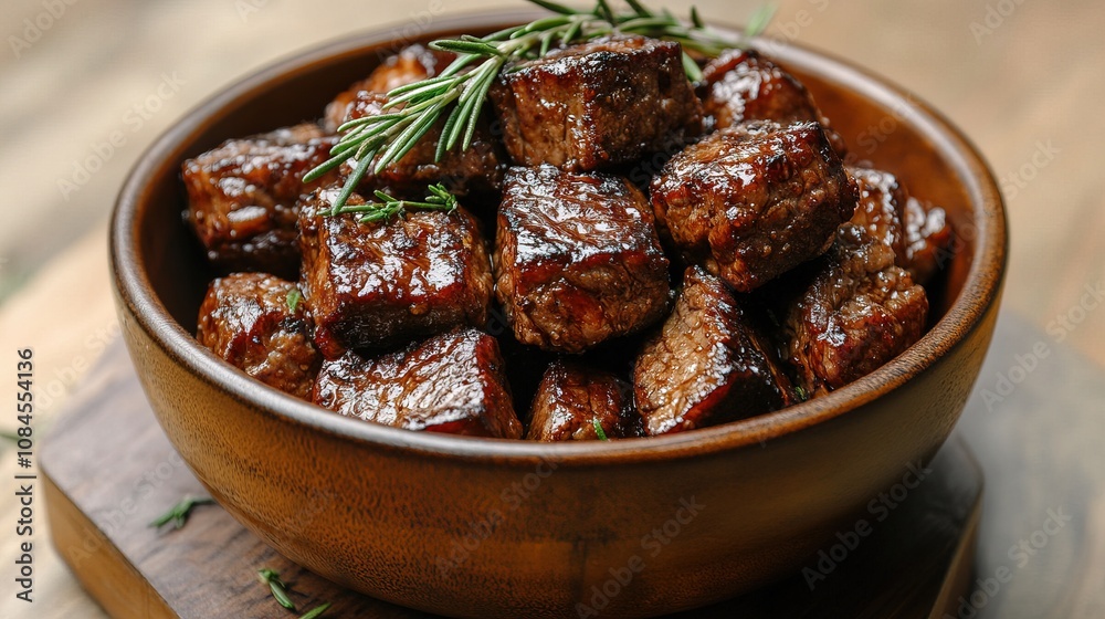 Bowl of roasted beef cubes garnished with fresh rosemary Bowl of roasted beef cubes garnished with fresh rosemary