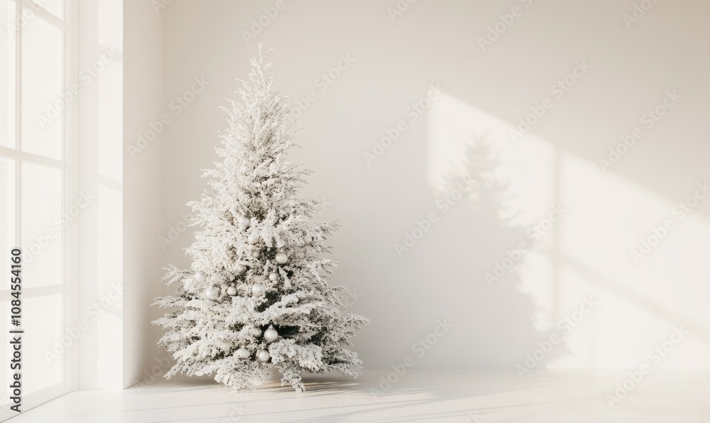 Fototapeta premium A white Christmas tree is standing in a room with a window