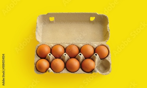 Eggs tray, yellow background. Brown chicken eggs,  an open sustainable cardboard tray (box), monochrome yellow background. Food. Bright minimalist image. No people. Copy space photo