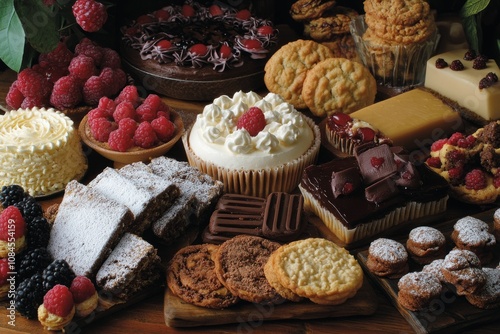 An extensive assortment of desserts displayed on wooden tables at a local bak...