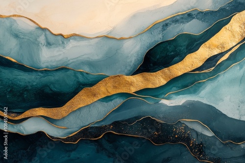 Abstract landscape with flowing waves of dark blue and gold highlights in a s...