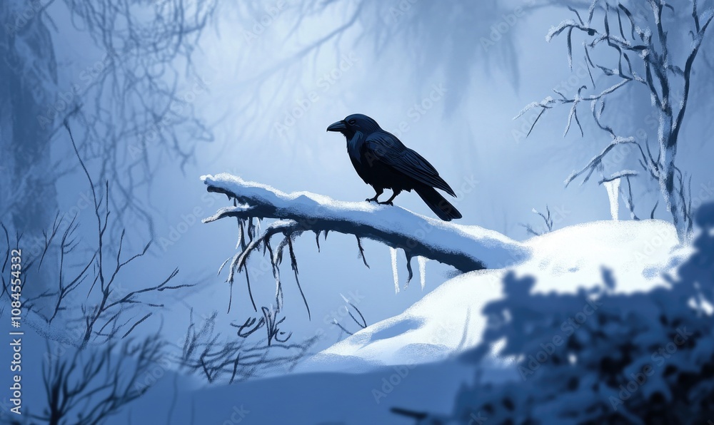 Fototapeta premium A black crow is sitting on a branch covered in snow