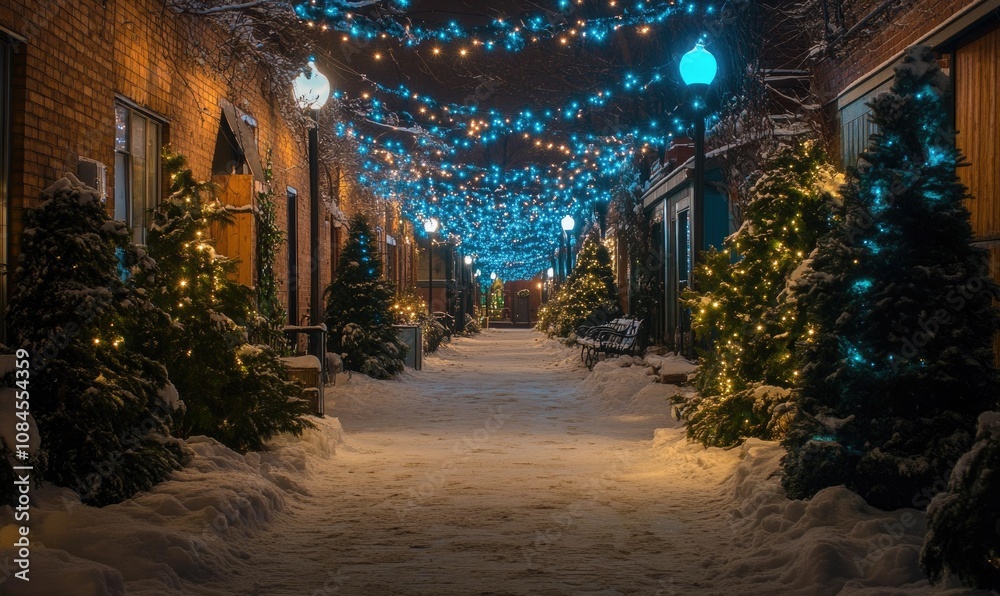 Fototapeta premium A long walkway with Christmas lights and trees