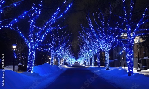 A street with blue lights on the trees