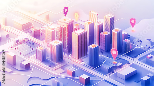 Illustration of an urban city map with pins and markers, representing the concept of location based marketing in digital advertising photo