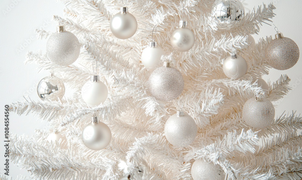 A white Christmas tree with many white and silver ornaments A white Christmas tree with many white and silver ornaments