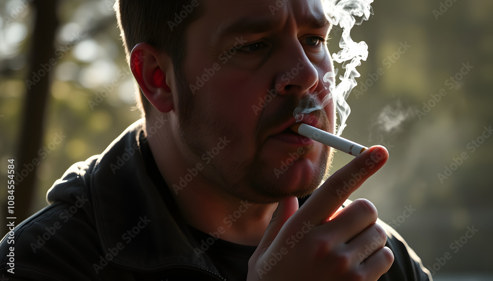 Fototapeta premium Fat man smoking cigarette outdoor close up isolated with white highlights, png