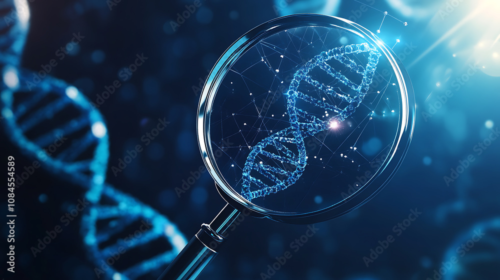 Magnifying glass over double helix DNA blue background Magnifying glass over double helix DNA blue background