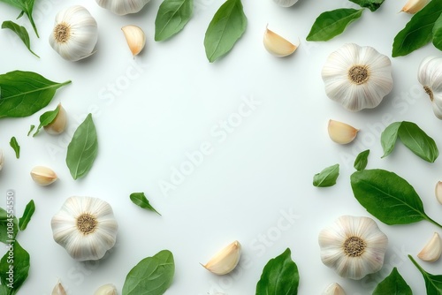 Arrangement of garlic bulbs and fresh green leaves on a white background capt...