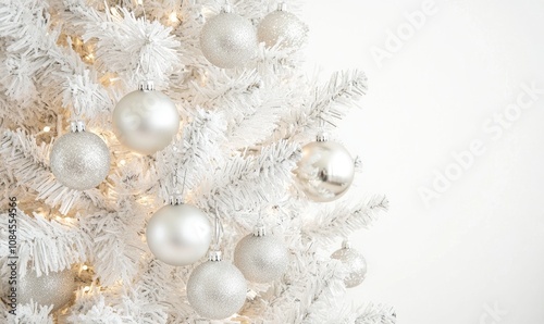 A white Christmas tree with many white ornaments