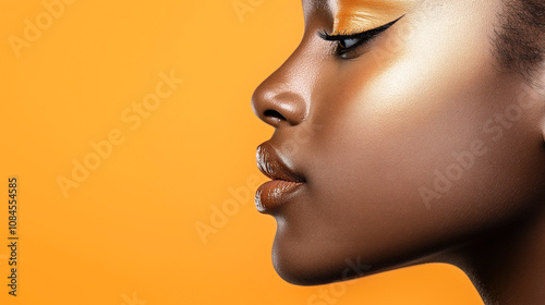 Close-up profile of a woman's face with bronze skin, glossy lips, and orange eye makeup against a bright orange background highlighting beauty and makeup.