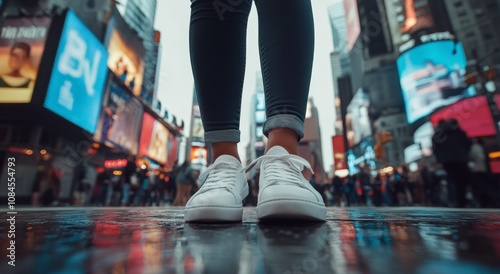 A person in white sneakers stands in rainy Times Square amid bright ads