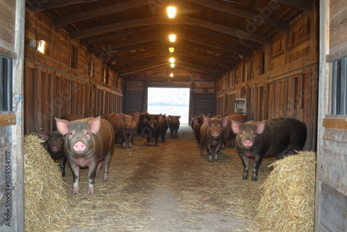 Four pigs standing together in a rustic barn with warm string lights at night