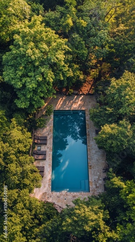 Aerial view of a serene pool surrounded by lush greenery and a cozy cabin in ...