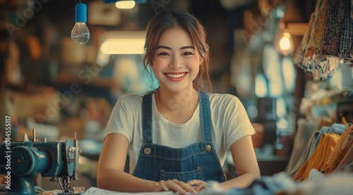 A young woman smiles while working at a sewing machine in a cozy workshop dur...