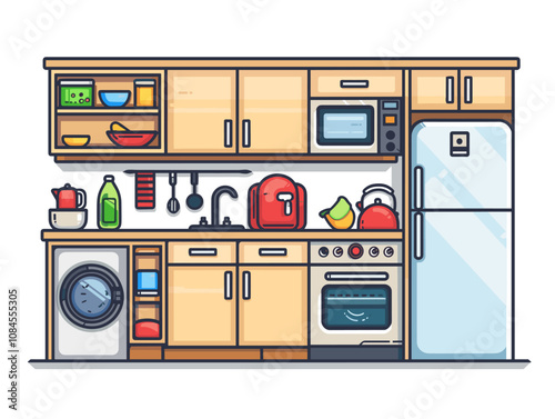 Kitchen interior with fridge, stove and oven. Vector illustration.