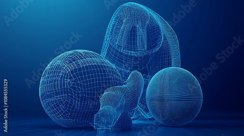 Concept of making money online by wagering on the results of important sports events is abstract, 3D rendered image featuring objects made of wireframe mesh set against a deep blue backdrop