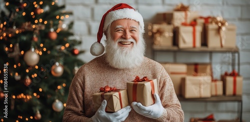 Santa Claus joyfully holding gifts in a cozy living room during the festive s...