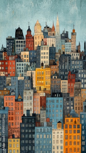 Urban skyline view of historic buildings in a bustling city during the late a...