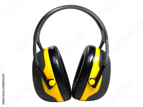 Isolated construction protective earmuffs for hearing protection. Cut out transparent png