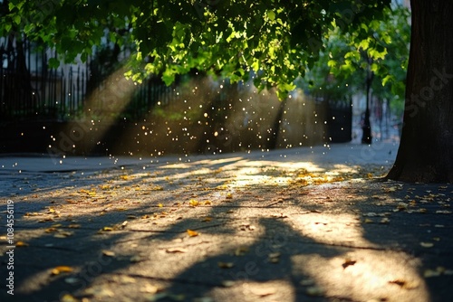 Colorful fallen leaves scattered on green grass in a sunny park during autumn...
