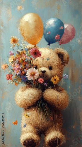 Cute bear holding a bouquet of flowers and colorful balloons in a cheerful se...