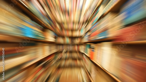 The blurred image of many old books on a library shelf captures the essence of a world filled with stories and knowledge waiting to be discovered photo