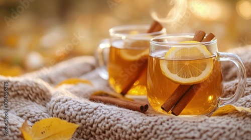 Warm beverages with lemon and cinnamon served outdoors on a cozy blanket duri...