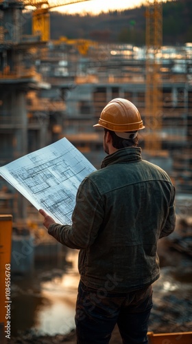 Construction worker reviewing blueprints at a developing urban site during wi...