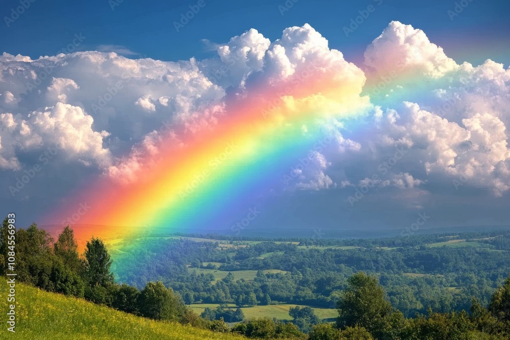 A vibrant rainbow arches over a rustic dirt road in a vast landscape after rainfall A vibrant rainbow arches over a rustic dirt road in a vast landscape after rainfall