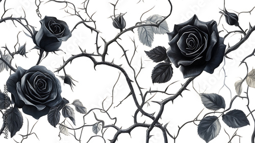 Fototapeta Naklejka Na Ścianę i Meble -  Black roses with ivy, vines and thorns on white, romance concept illustration