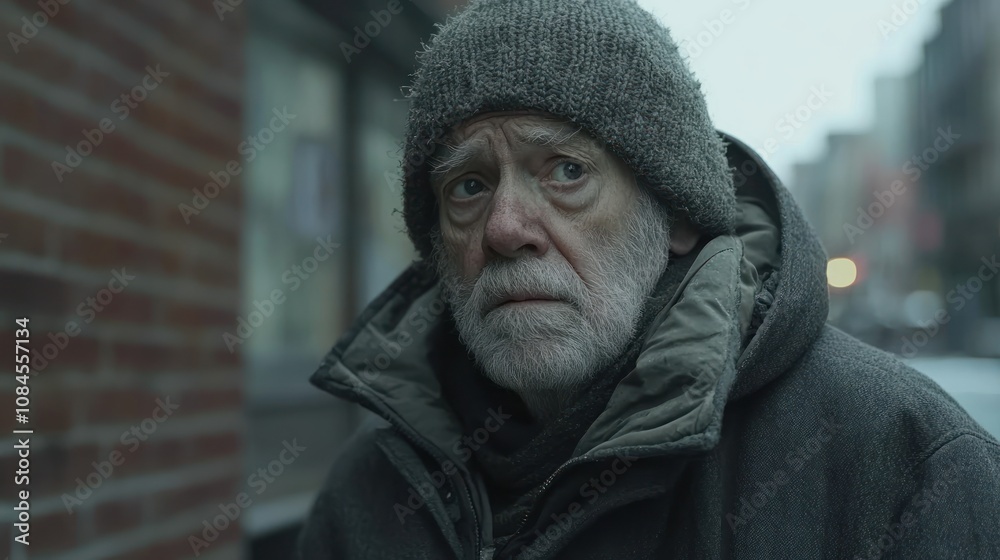 An elderly man in a winter coat and hat, looking contemplative on a city street. An elderly man in a winter coat and hat, looking contemplative on a city street.